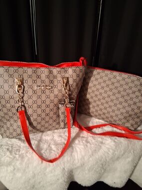 Beige Monogram Tote with Bright Red Trim and Gold Hardware 2pc NWT